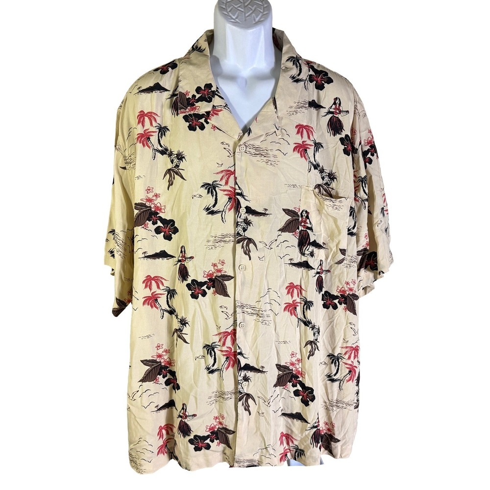 28 Palms Hawaiian Shirt Mens 3XL Cream‎ Hula Dancer Palm Tree Viscose Relaxed